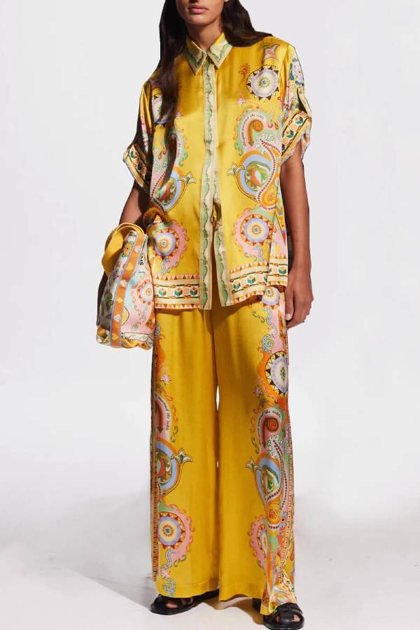 Sophisticated Satin Unique Cashew Flower Print Button Oversized Shirt