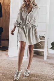 Gray Rolled-Up Sleeve Buttoned Drawstring Textured Dress