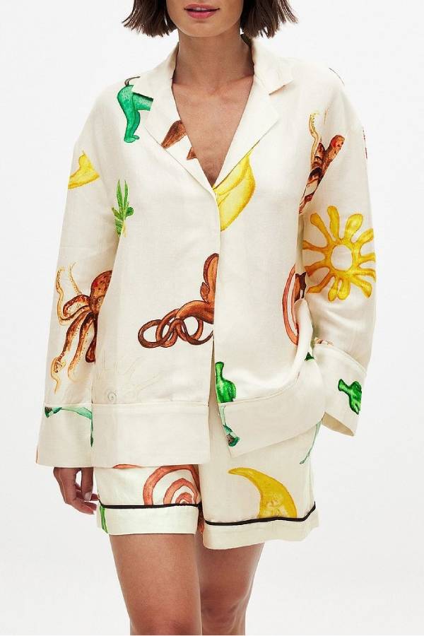 Fun Resort Linen Blend Unique Print Long Sleeve Shirt and Elastic Waist Pocket Shorts Set