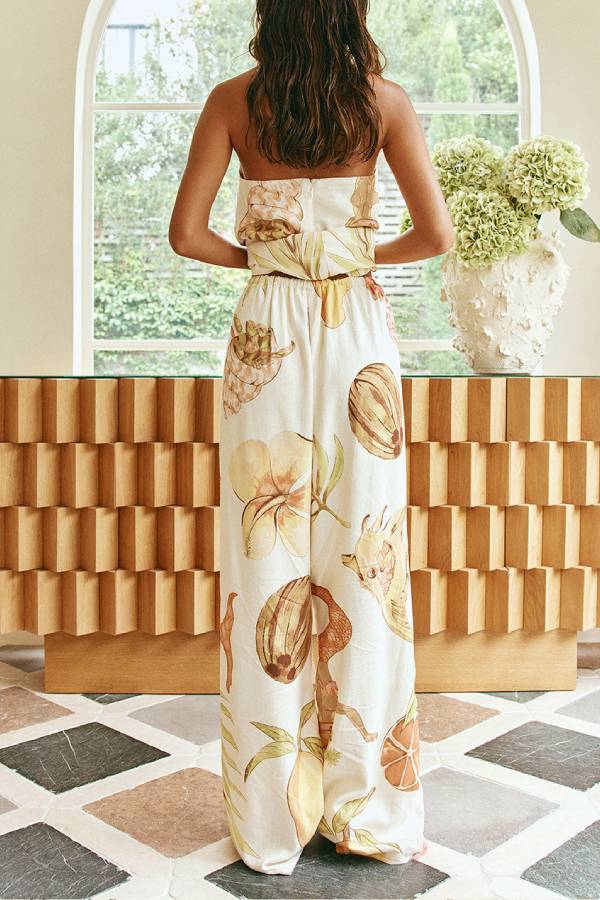 Island Time Linen Blend Unique Print Strapless Top and Elastic Waist Pocket Loose Pants Set
