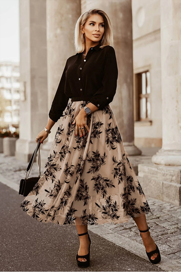 Apricot Floral Leaves Embroidered High Waist Maxi Skirt