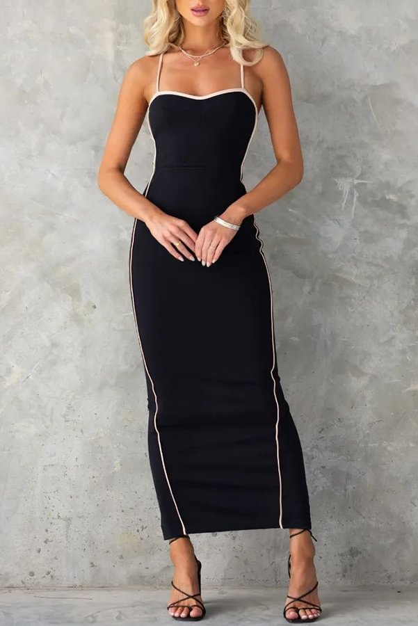 After Hours Party Line Trim Back Lace Up Bodycon Stretch Maxi Dress