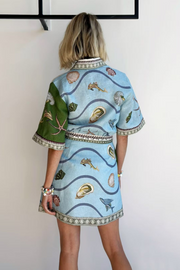 Deep Sea Dreaming Linen Blend Unique Print Tie-up Pocketed Shirt Mini Dress