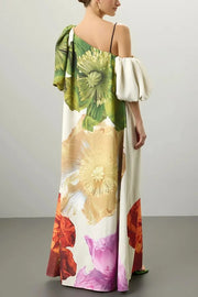 Floral Print Slant Collar Puff Sleeves Loose Holiday Maxi Dress