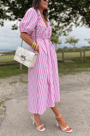 Striped Bud Sleeve V-Neck Belted Waist Dress