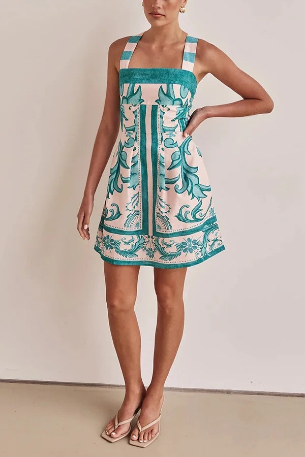 Summer Linen Blend Unique Print Wide Strap Pocket Mini Dress