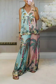 Unique Palm Tree Print Elastic Waist Loose Wide-Leg Pants