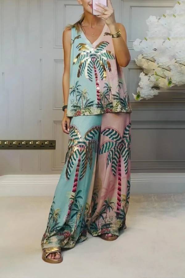 Unique Palm Tree Print Elastic Waist Loose Wide-Leg Pants