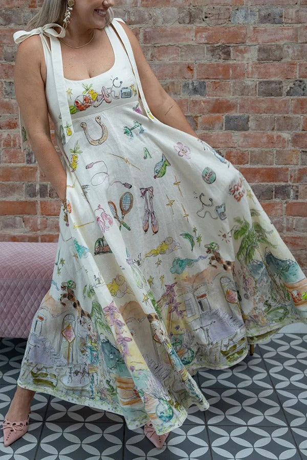 Euro Summer View Linen Blend Unique Print Tie-up Straps Pocket Midi Dress