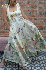 Euro Summer View Linen Blend Unique Print Tie-up Straps Pocket Midi Dress