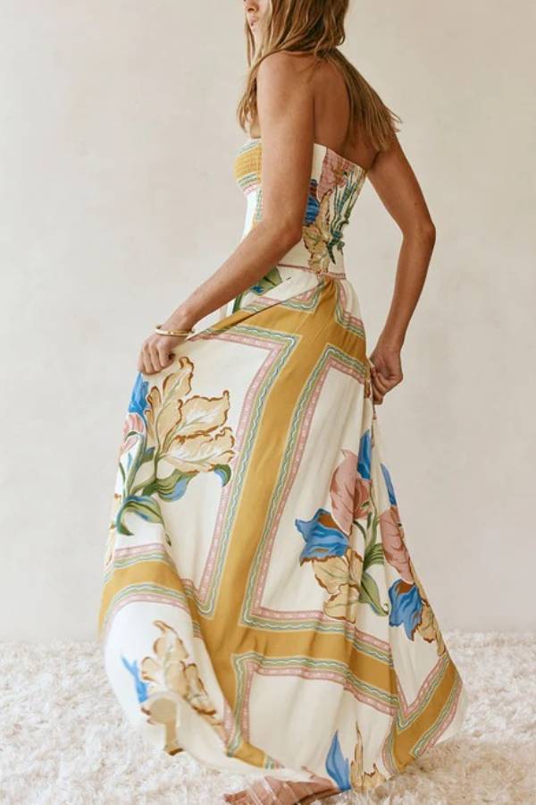Linen Blend Unique Print Off-The-Shoulder Pleated Resort Maxi Dress