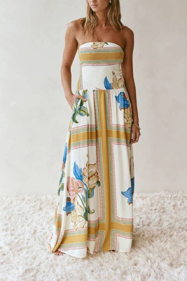 Linen Blend Unique Print Off-The-Shoulder Pleated Resort Maxi Dress