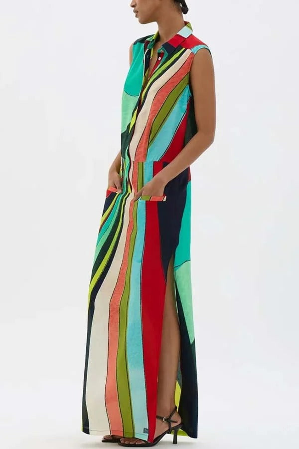 Bold and Elegant Colorful Print Button Up Pocket Shirt Slit H-line Maxi Dress