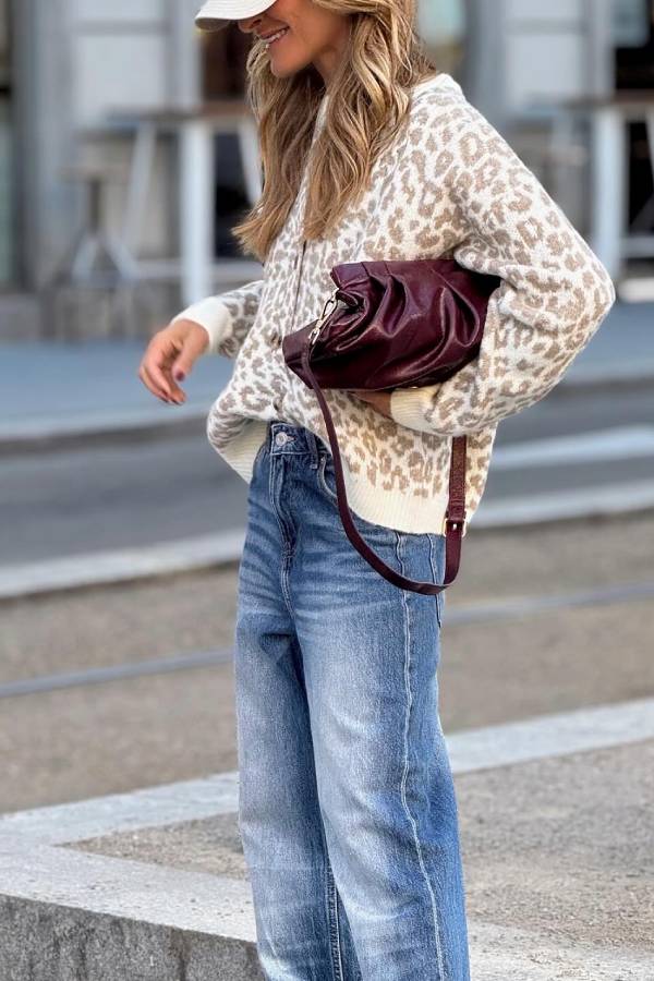Soft Brown Leopard Print Loose Knit Cardigan