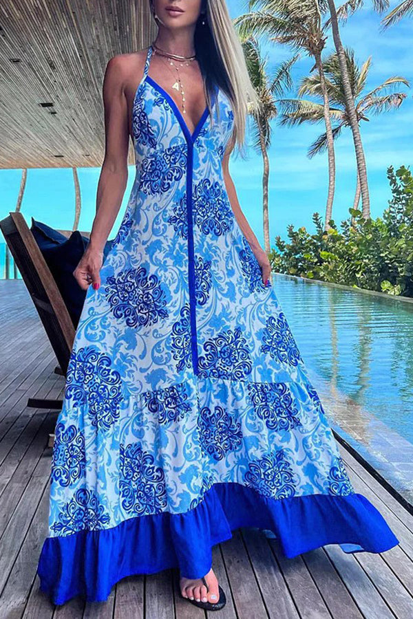 Fashion print V-tie dress