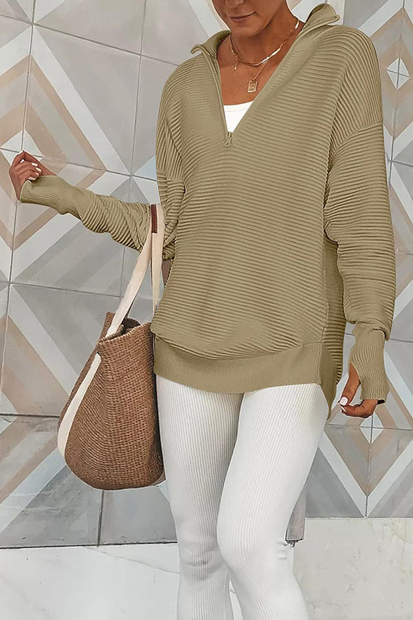 Half-Zip V-Neck Relaxed Rib-Knit Sweater