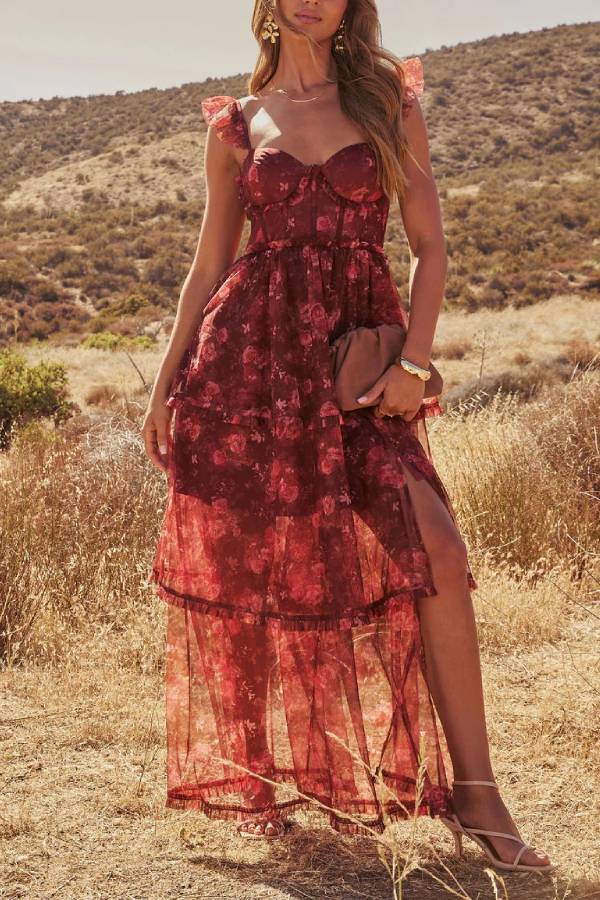 Reina Tiered Mesh Floral Maxi Dress