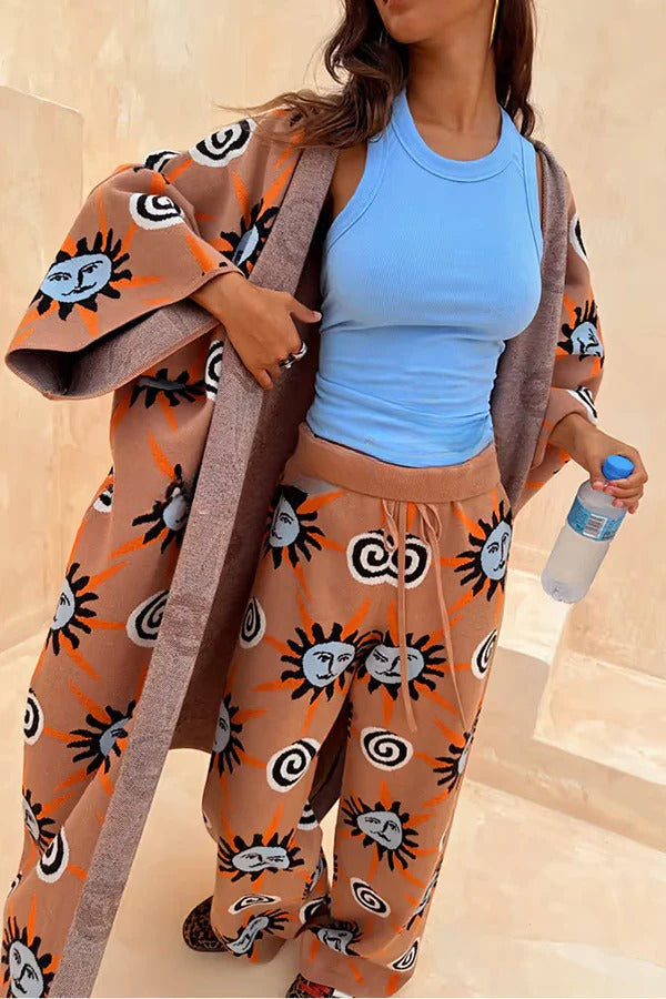 Mediterranean Art Knit Unique Sun Vortex Print Bell Sleeve Long Cardigan