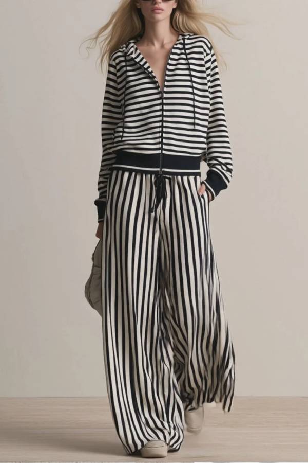 Black White Stripe Zip Up Hoodie Wide Leg Pants Two Piece