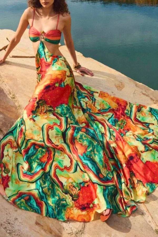 Volcanic Magma Printed Metal Decoration Cutout Back Tie-up Vacation Maxi Dress