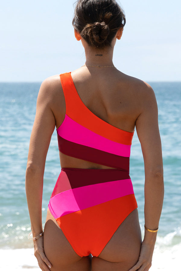 One Shoulder Color Block Cutout One Piece Swimsuit