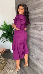 SHORT SLEEVE IRREGULAR RUFFLE MIDI DRESSES