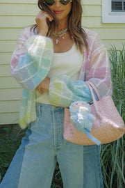 Palette Day Knit Color Blocks Open Front Balloon Sleeve Loose Cardigan
