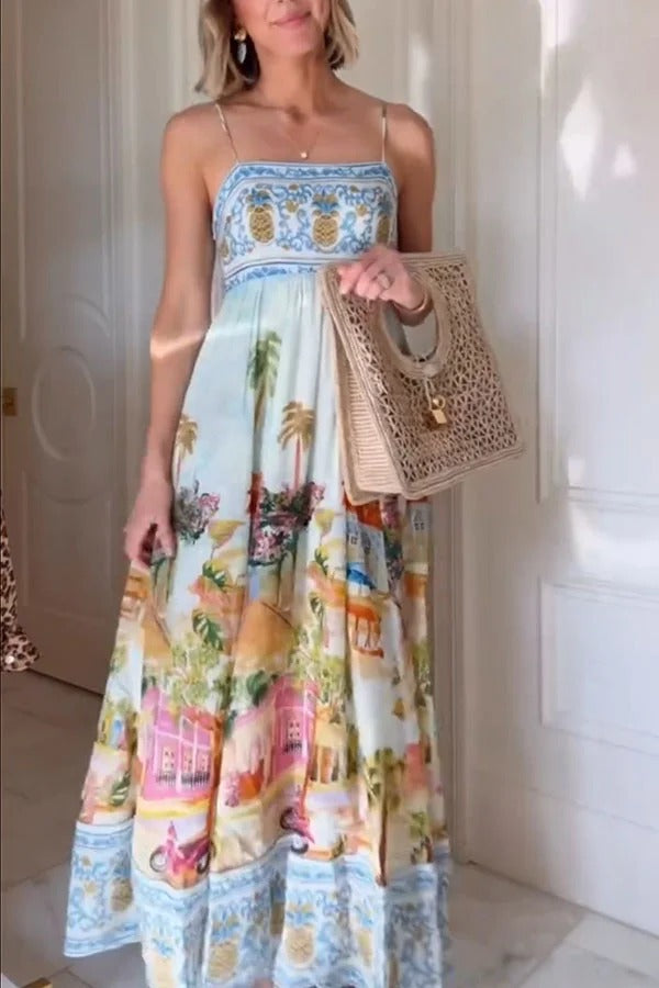 Aracati Multicolor Unique Print Back Smocked Pocket Maxi Dress