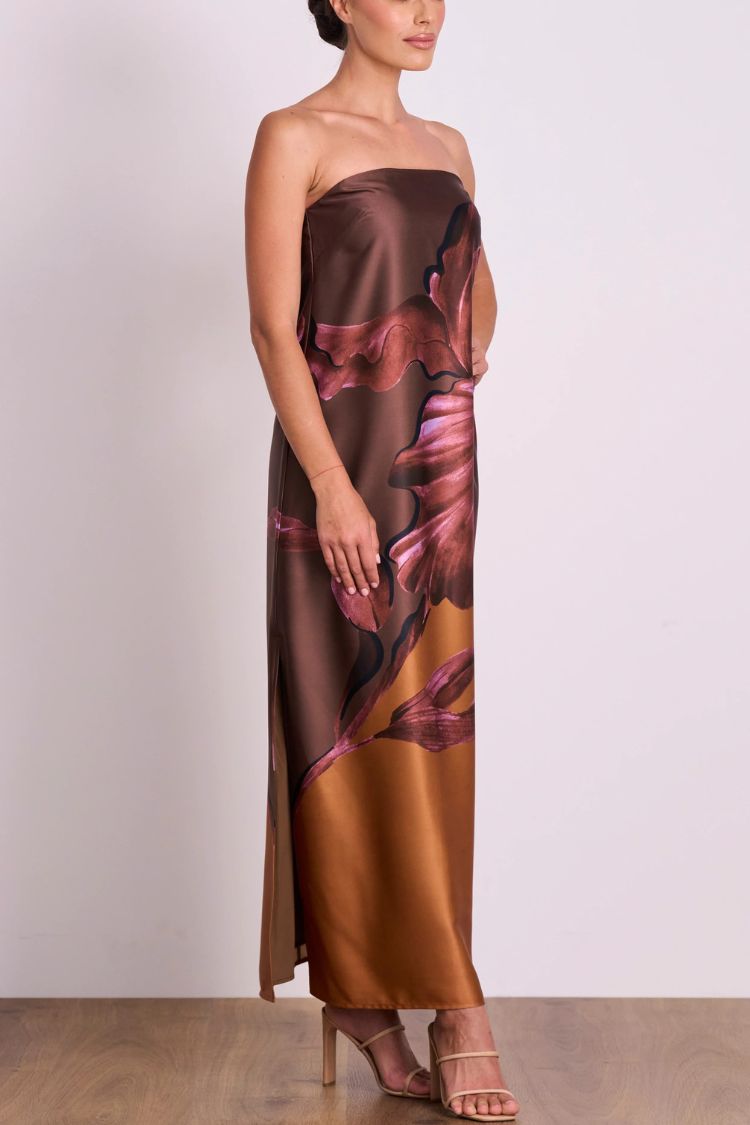 Drawing Inspiration Satin Floral Print Off Shoulder A-line Slit Maxi Dress