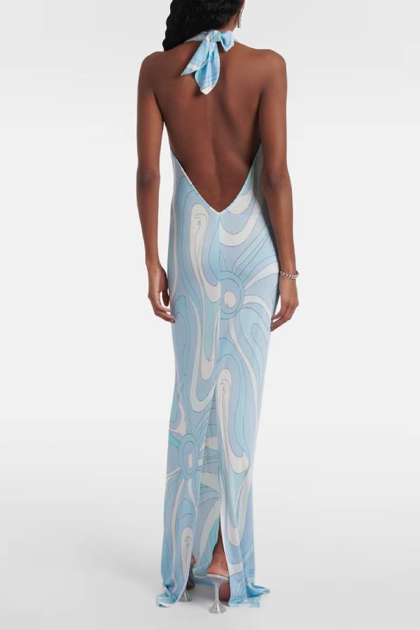 Caralyn Unique Print Halter Cowl Neck Slit Stretch Maxi Dress