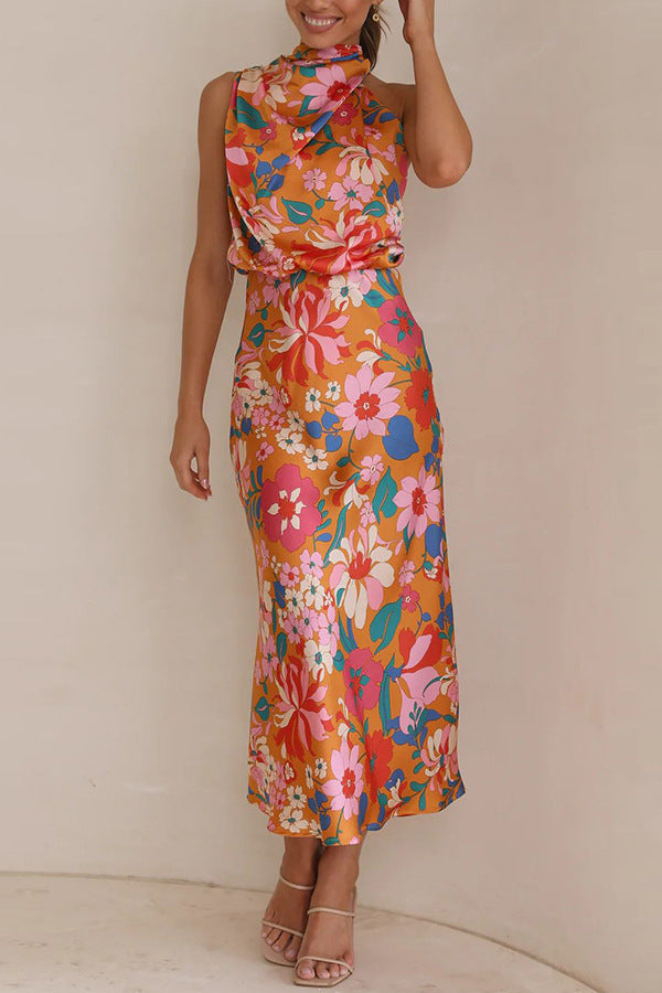 Love In The Garden Floral Halter Neck Elastic Waist Maxi Dress