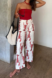 Fun Vacation Lobster Print High Rise Straight Pants