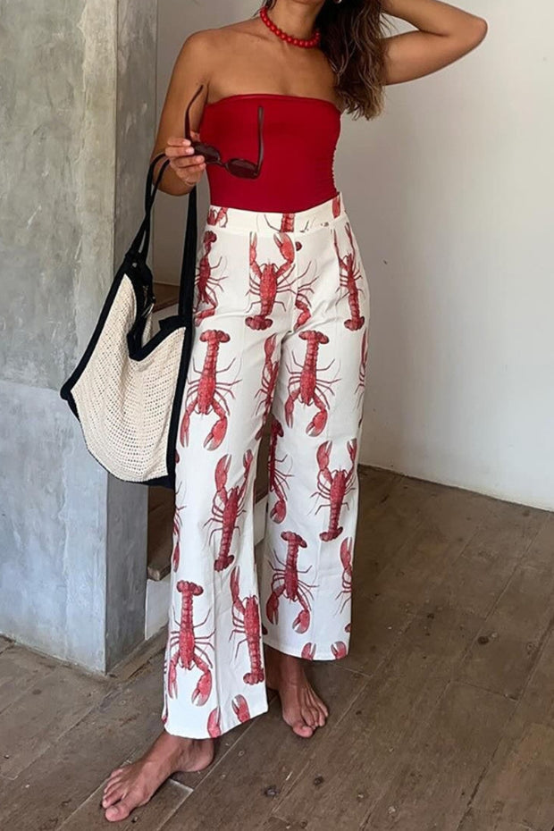 Fun Vacation Lobster Print High Rise Straight Pants