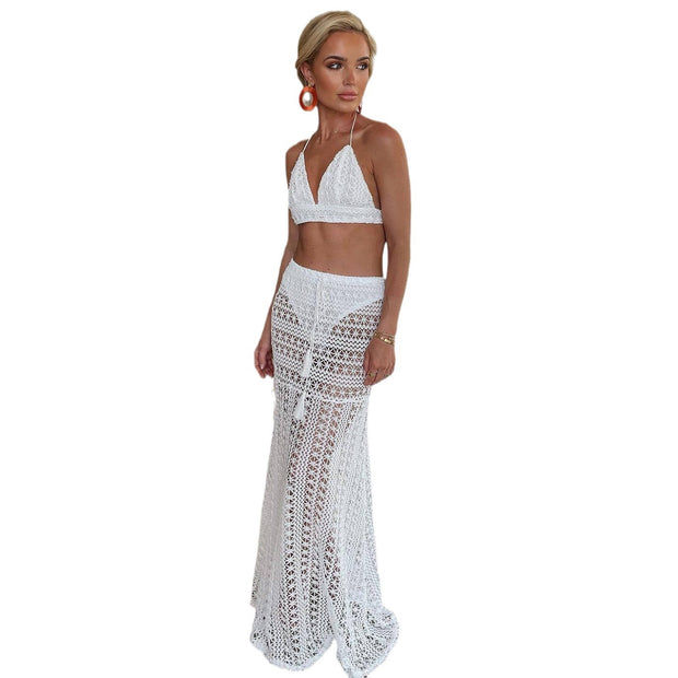 Pure white lace bikini beach skirt three-piece set