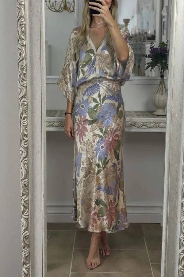 Exquisite Satin Floral Print Off-shoulder Shirt