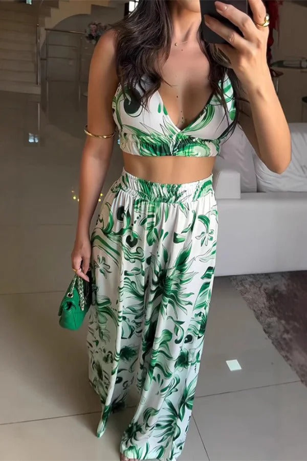 Floral Print V-neck Camisole Top and Elastic Waist Wide-leg Pants Set