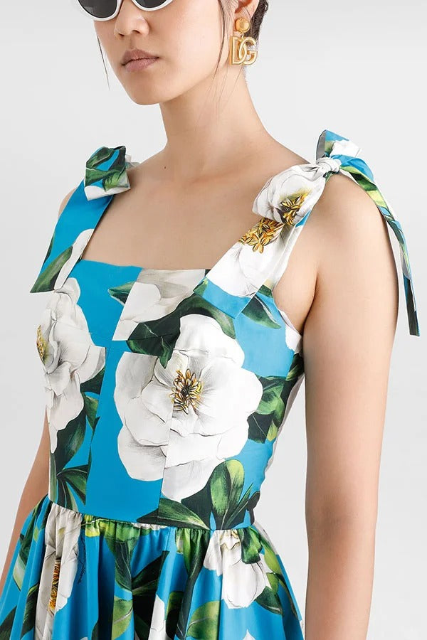 Fresh and Romantic Floral Print Square Neck Knotted Straps Mini Dress