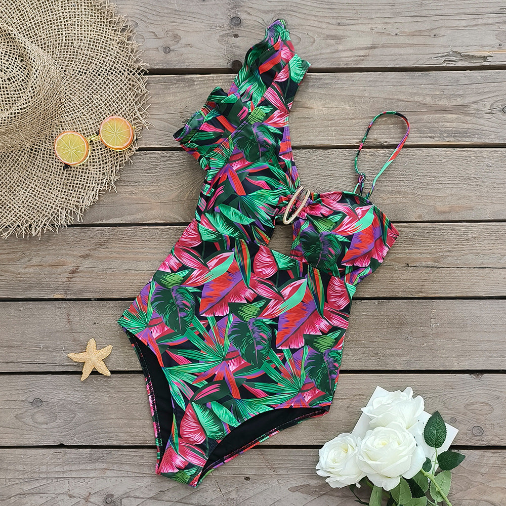 One-shoulder bodycon ruffled swimsuit