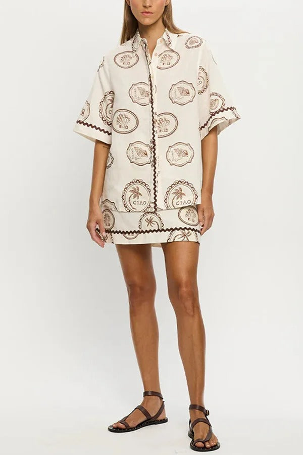 Resort Style Print Lapel Short Sleeve Shirt and Casual Mini Skirt Set