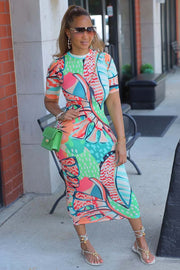 COLORFUL PATTERN PRINT ROUND NECK SHORT SLEEVE BODYCON VACATION MIDI DRESSES