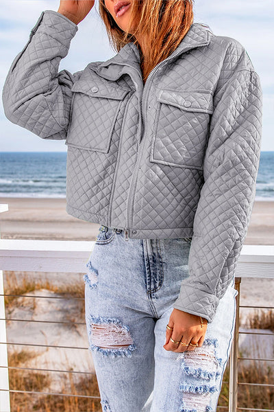 Gray Quilted Pocketed Zip Up Cropped Jacket