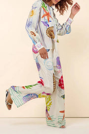 Dream Ocean Satin Unique Print Button Down Pocket Oversized Blouse