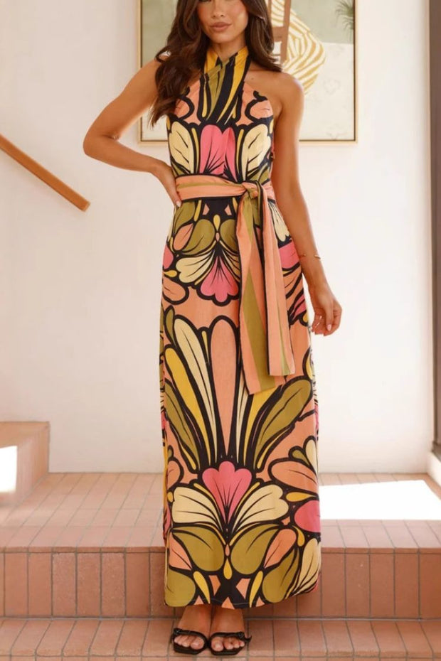 Unique Print Halter Neck Waist Tie Holiday Maxi Dress