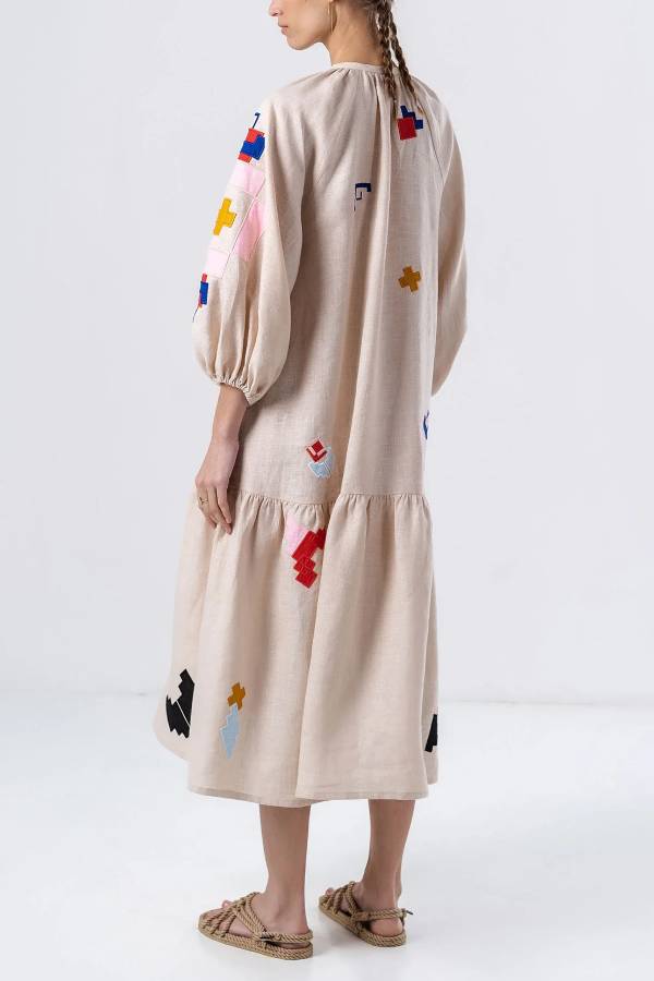 Linen Geometric Applique Lantern Sleeve Vacation Dress