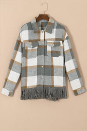 Plaid Snap Button Pocket Fringed Hem Shacket