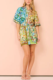 Linen Blend Unique Printed Shirt Style Tie-waist Mini Dress