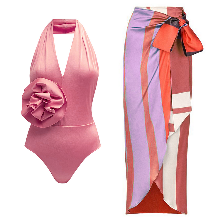 3D Flower Solid Color One Piece Swimsuit and Sarong