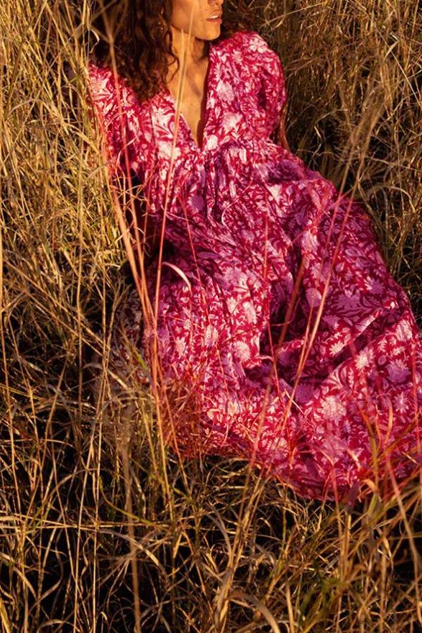 Bohemian Puff Sleeve Floral Print Loose Dress