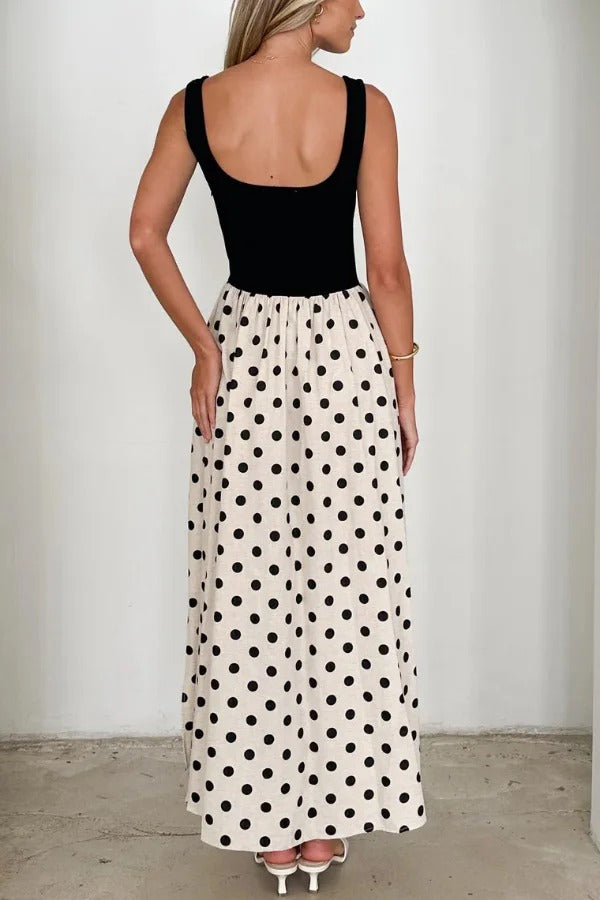Black and White Color-blocked Polka Dot Print Sleeveless Casual Pocket Maxi Dress