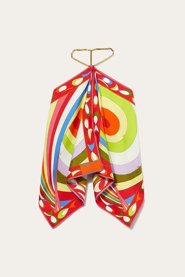 Artistic Girl Satin Unique Print Metal Chain Halter Draped Scarf Tank